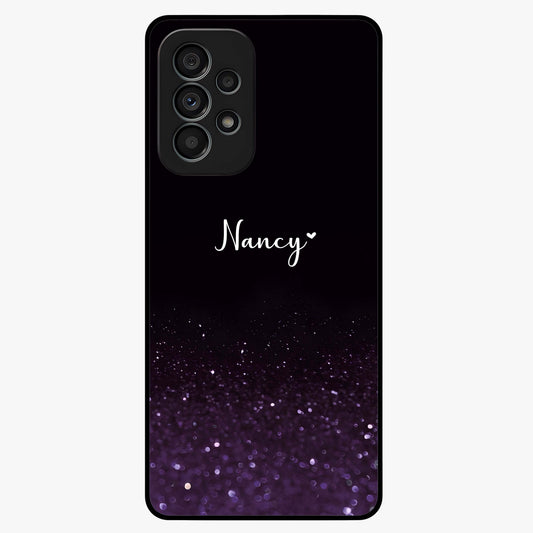Glittery Purple Bokeh Custom Name Glass Case showing flat back view with purple bokeh sparkle artwork and personalized name design.
