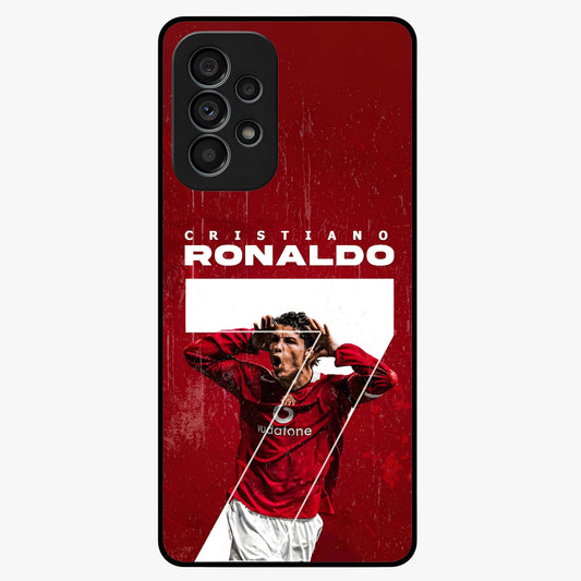 Goal Celebration Legacy Glass Case showing flat back view with football celebration inspired artwork and glossy glass finish.
