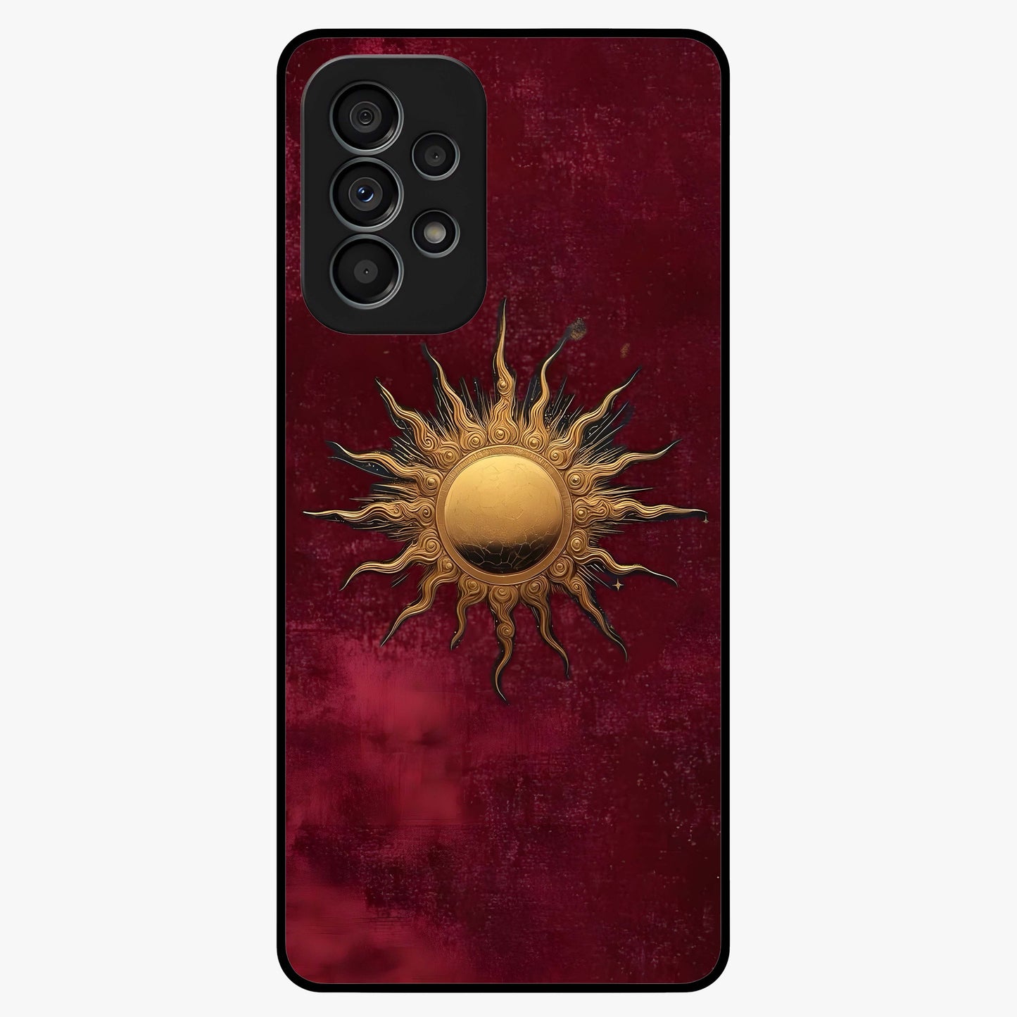 Gold Sun Blush Glass Case showing flat back view with golden sun inspired artwork and glossy glass finish.