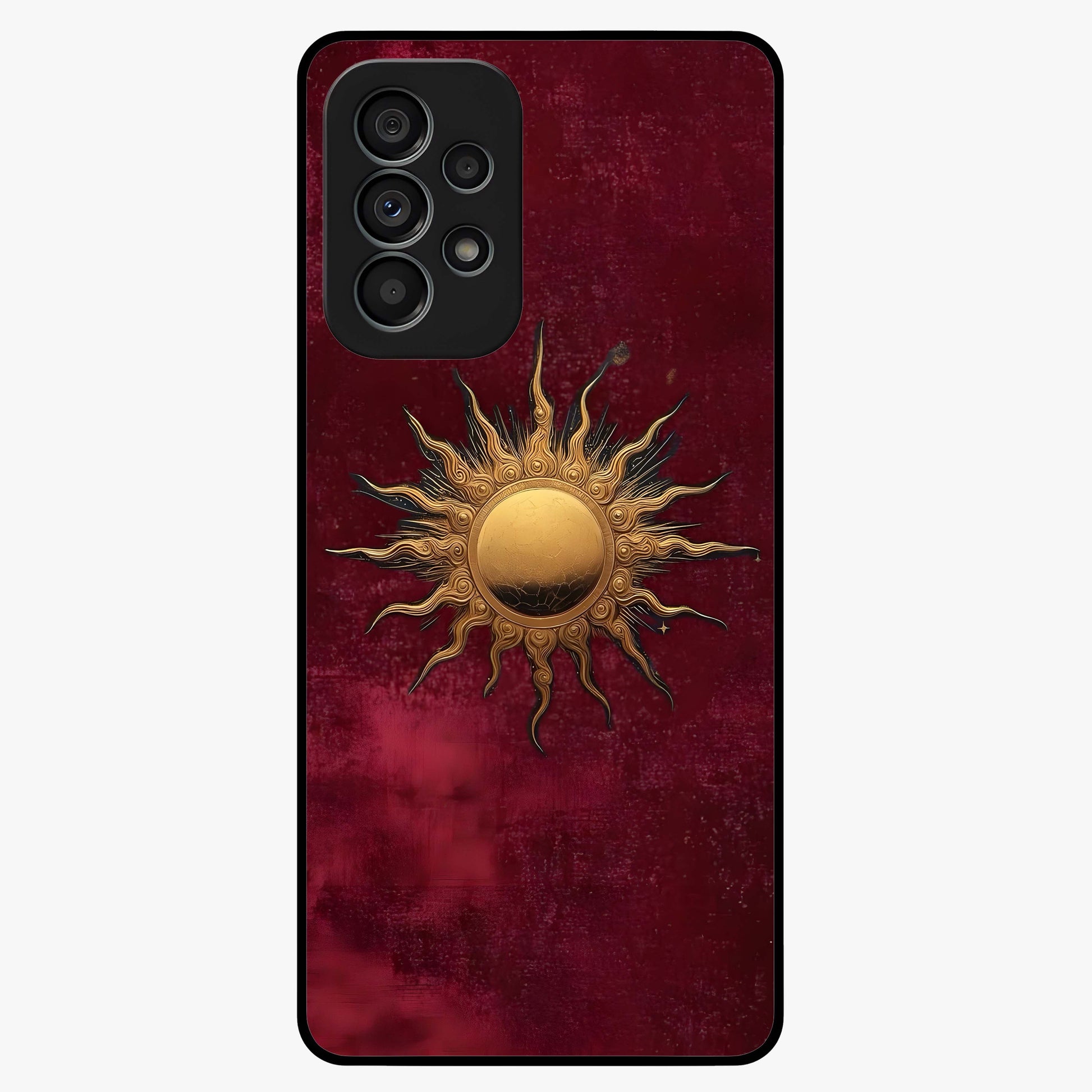 Gold Sun Blush Glass Case showing flat back view with golden sun inspired artwork and glossy glass finish.