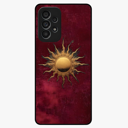 Gold Sun Blush Glass Case showing flat back view with golden sun inspired artwork and glossy glass finish.