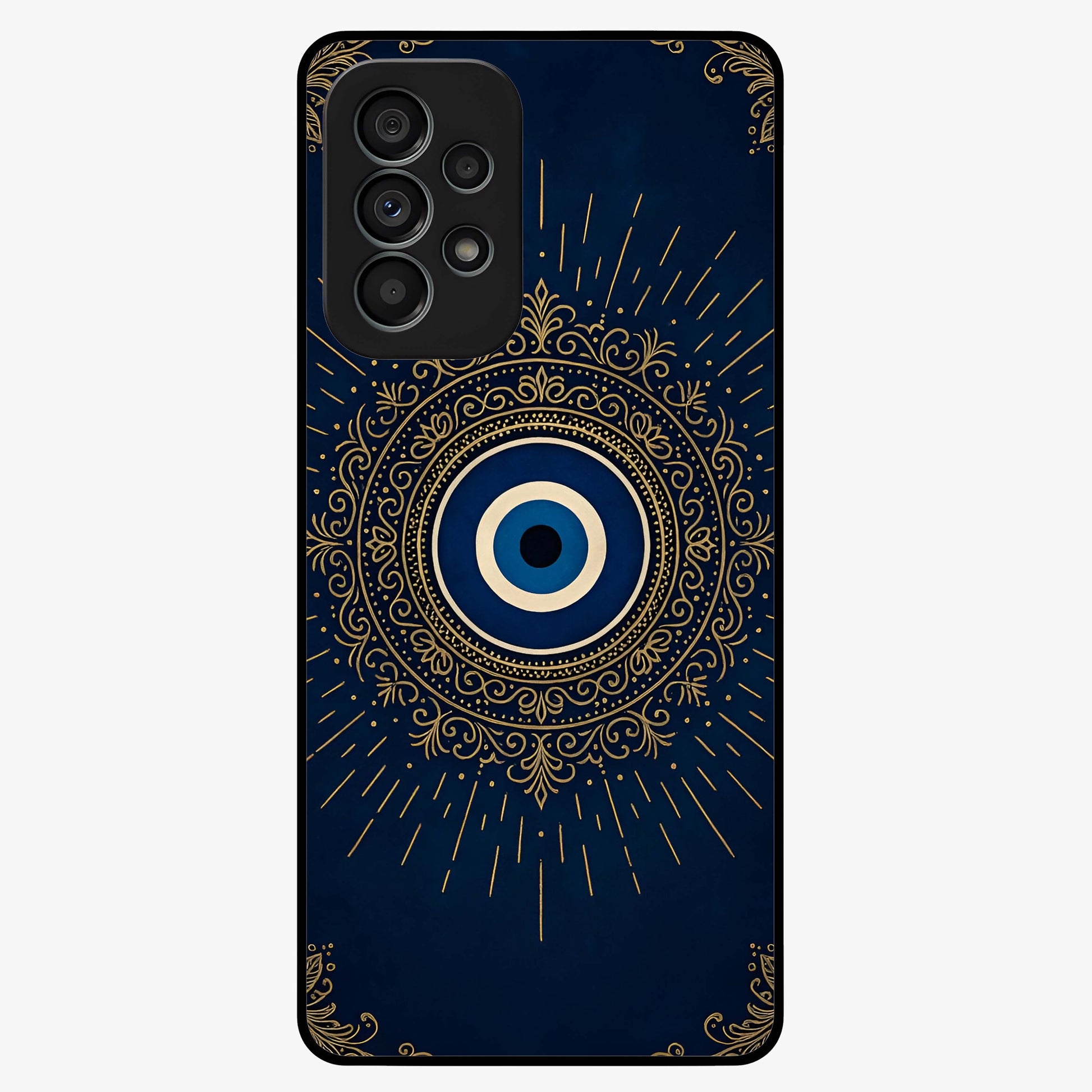 Golden Evil Eye Mandala Glass Case showing flat back view with intricate evil eye mandala artwork and glossy glass finish.