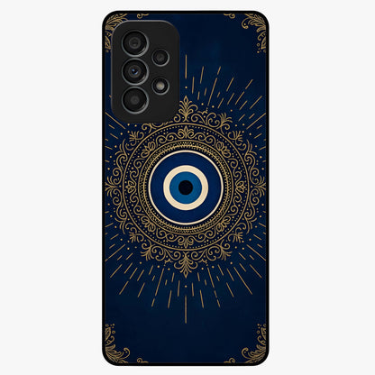 Golden Evil Eye Mandala Glass Case showing flat back view with intricate evil eye mandala artwork and glossy glass finish.