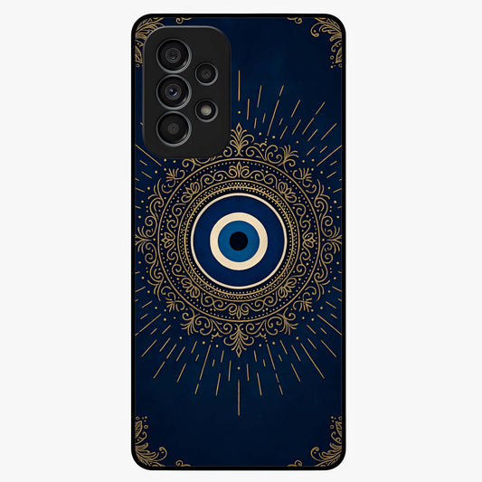 Golden Evil Eye Mandala Glass Case showing flat back view with intricate evil eye mandala artwork and glossy glass finish.