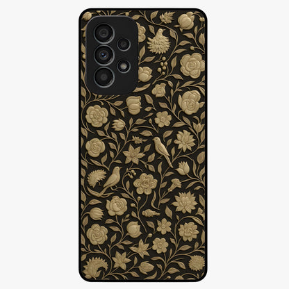 Golden Floral Majesty Glass Case showing flat back view with luxurious golden floral artwork and glossy glass finish.