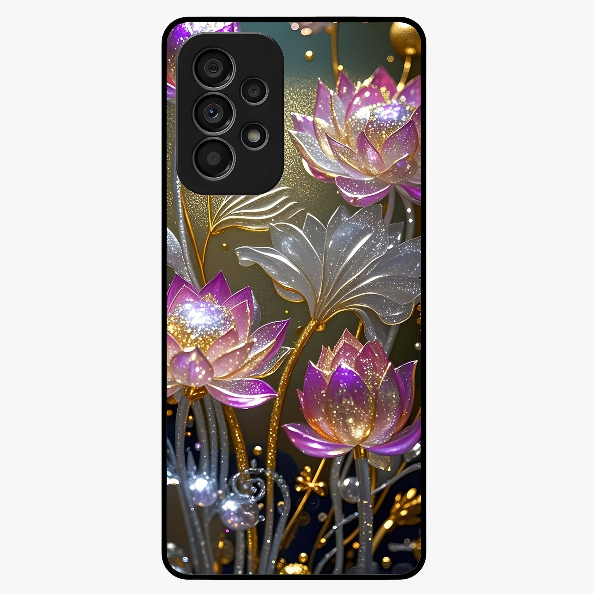 Golden Lotus Glow Glass Case showing flat back view with glowing lotus flower artwork and glossy glass finish.