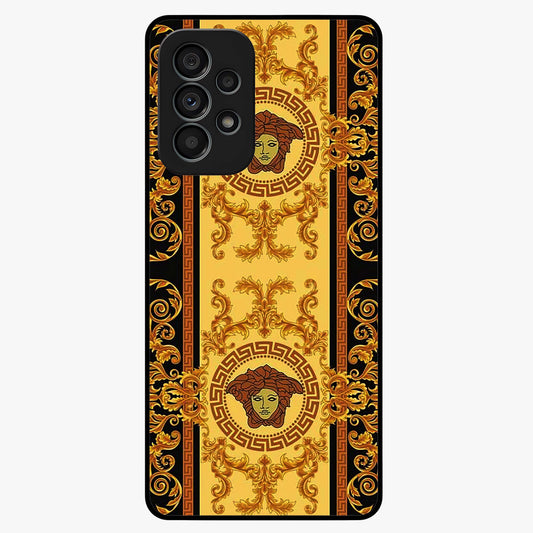 Golden Royal Heritage Glass Case showing flat back view with ornate royal pattern artwork and glossy glass finish.