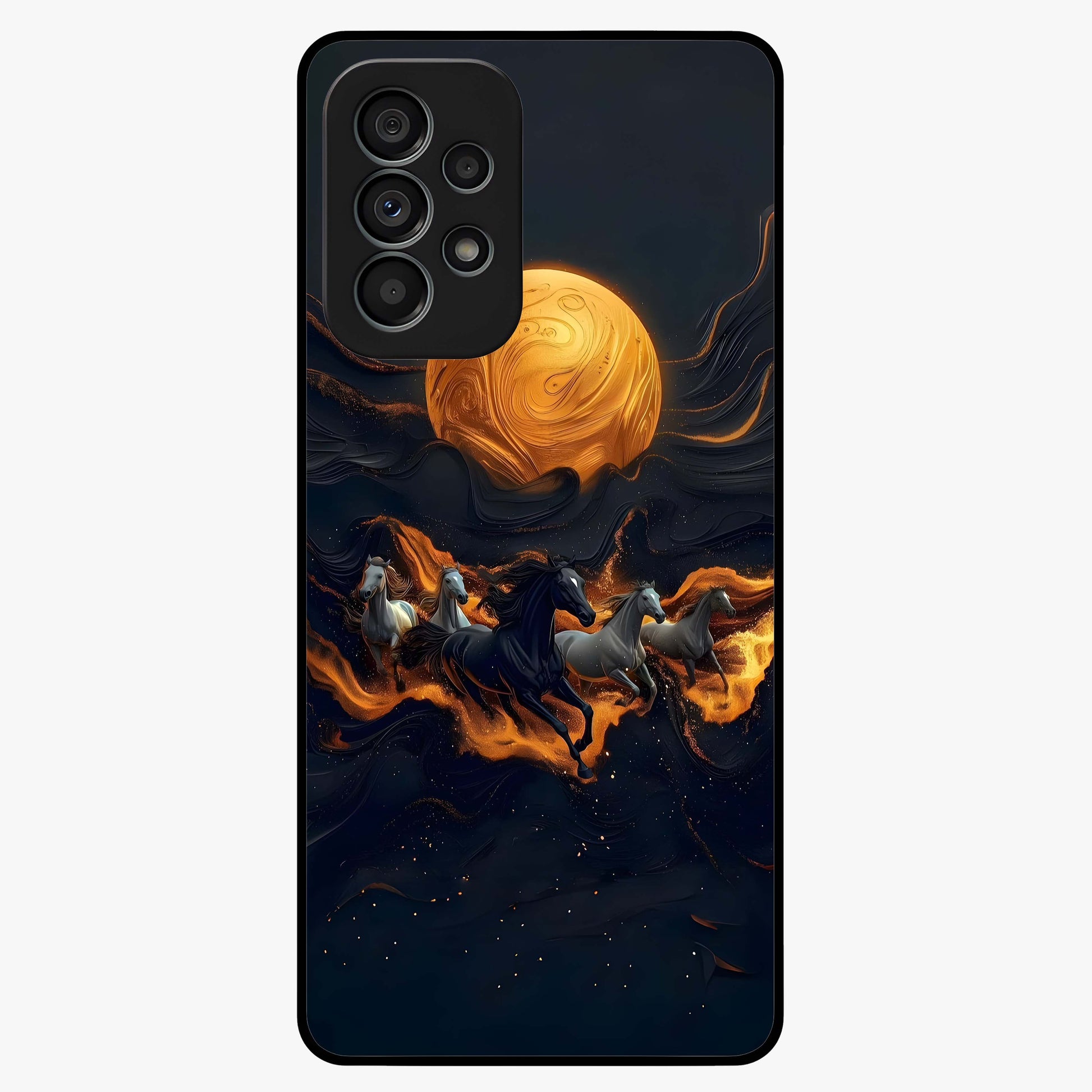 Golden Stallion Moonride Glass Case showing flat back view with majestic horse under moonlight artwork and glossy glass finish.