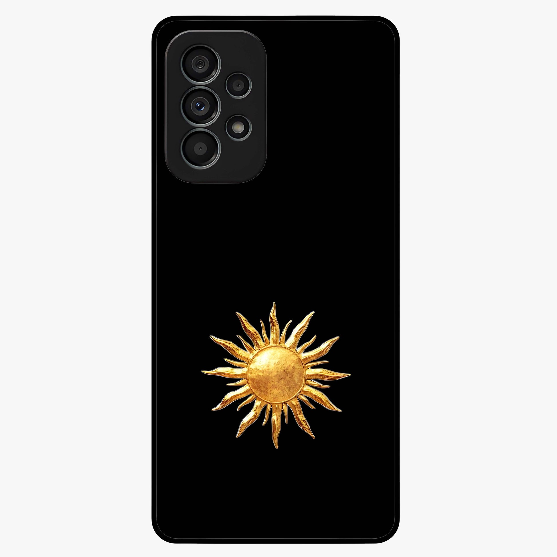 Golden Sun Minimalism Glass Case showing flat back view with minimal golden sun artwork and glossy glass finish.
