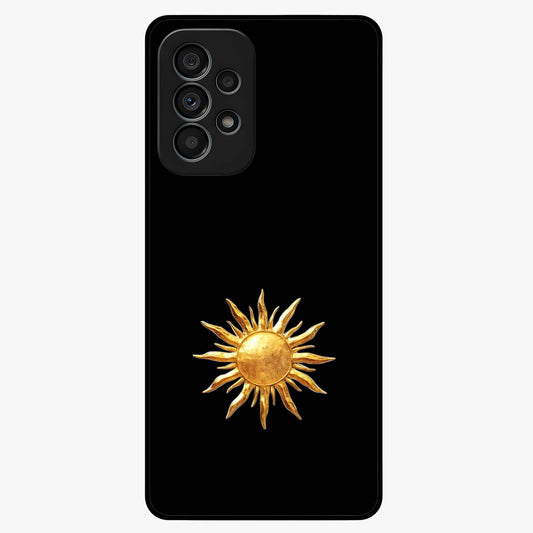 Golden Sun Minimalism Glass Case showing flat back view with minimal golden sun artwork and glossy glass finish.