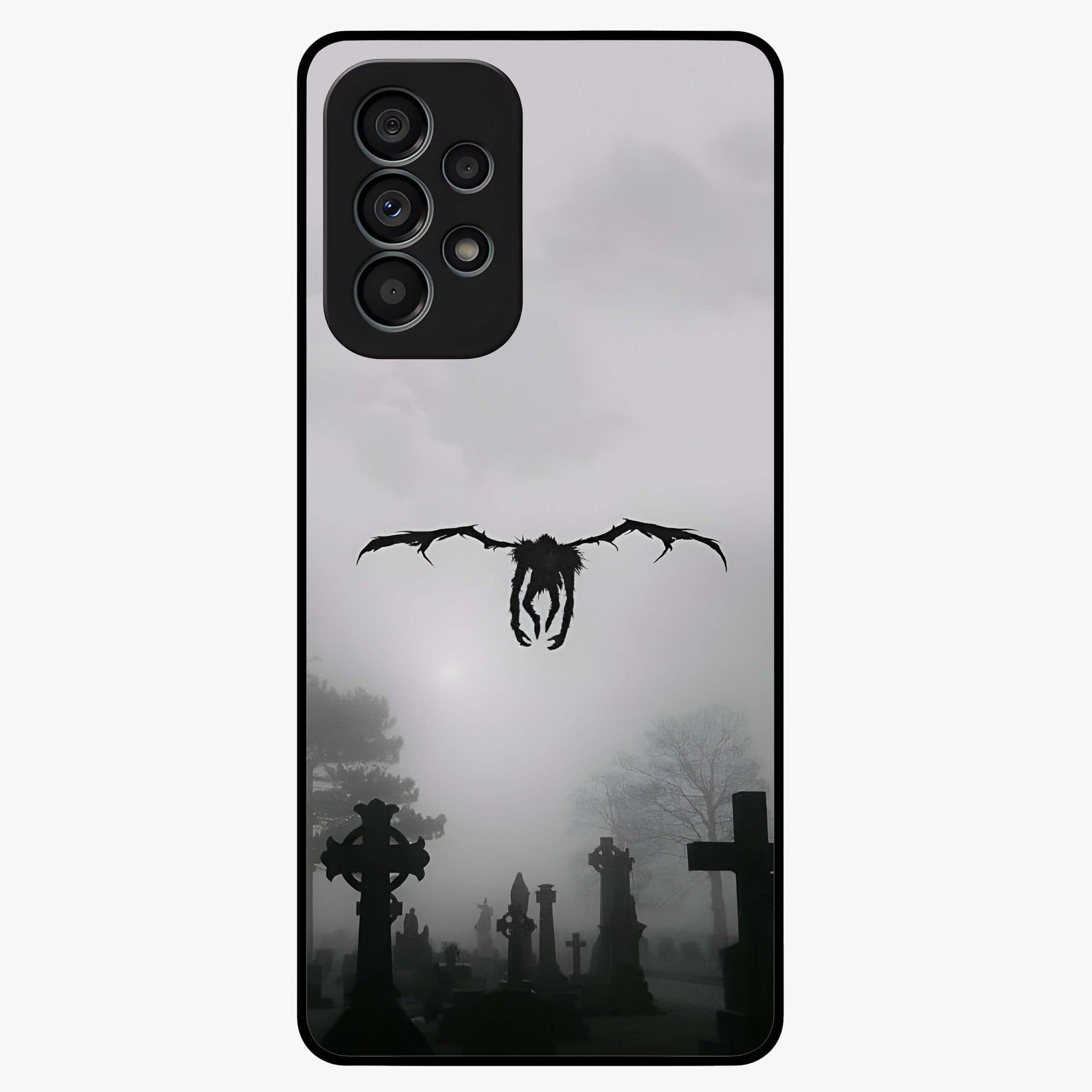 Graveyard Shadow Descent Glass Case showing flat back view with dark graveyard themed artwork and glossy glass finish.