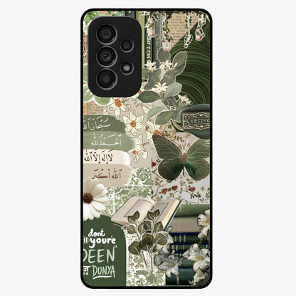 Green Islamic Books Quotes Glass Case showing flat back view with Islamic quotes and book themed artwork and glossy glass finish.
