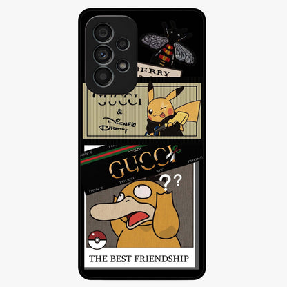 Gucci Play Mashup Glass Case showing flat back view with luxury inspired graphic artwork and glossy glass finish.