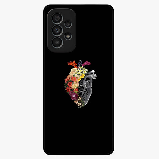 Heart With Flowers Glass Case showing flat back view with heart shaped floral artwork and glossy glass finish.