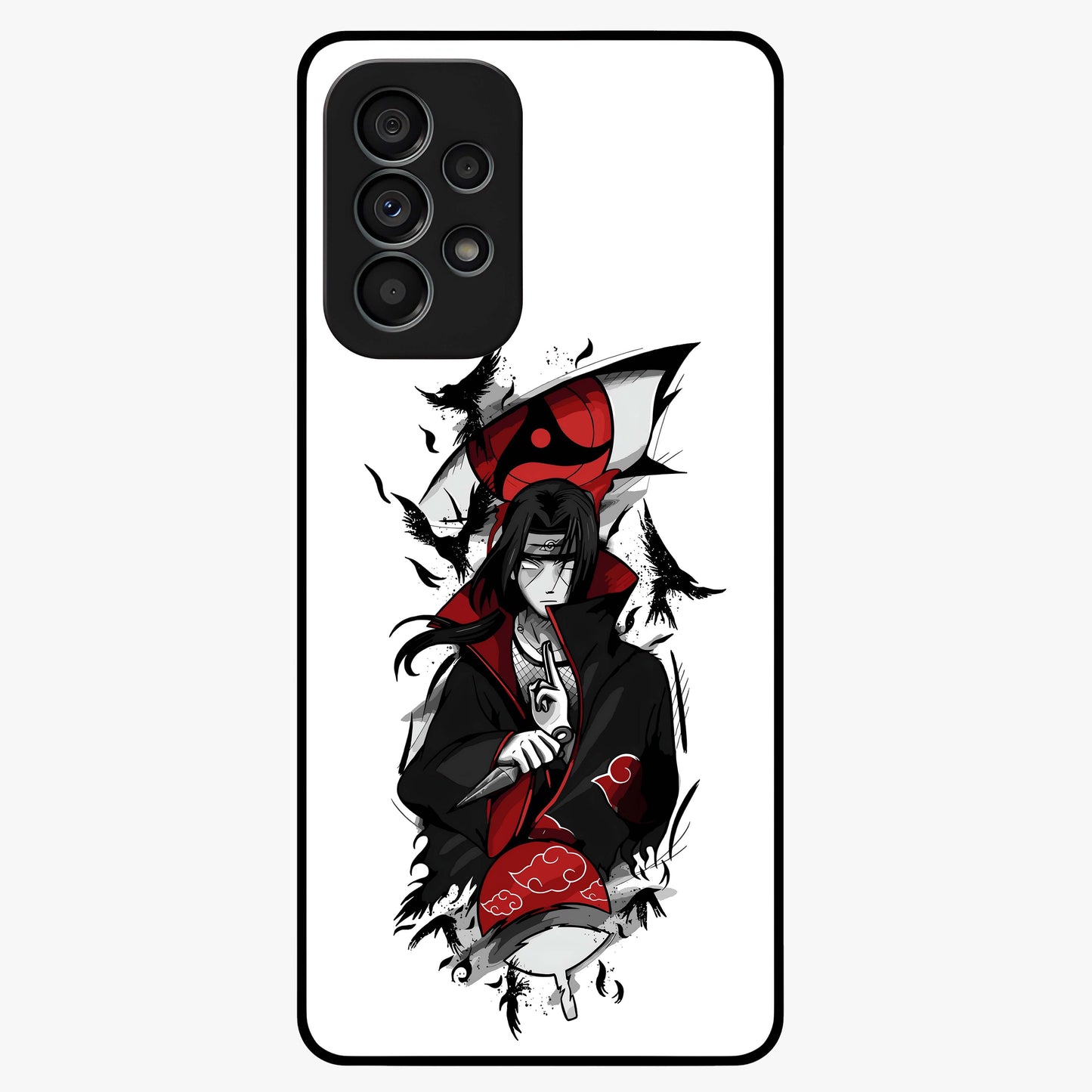 Itachi Sharingan Glass Case showing flat back view with powerful anime eye artwork and glossy glass finish.