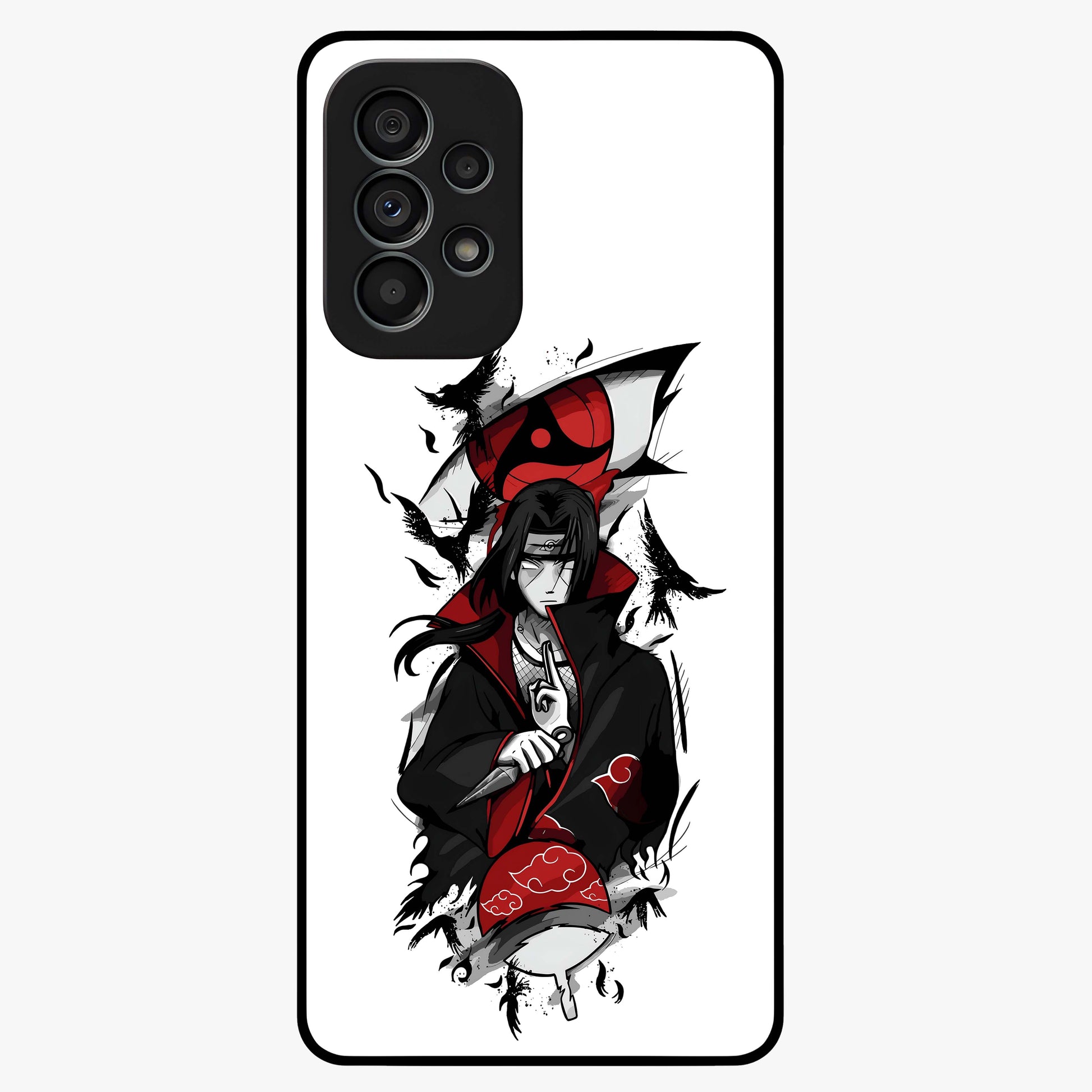 Itachi Sharingan Glass Case showing flat back view with powerful anime eye artwork and glossy glass finish.