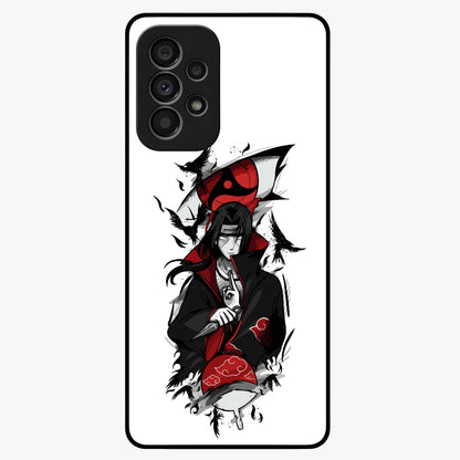 Itachi Sharingan Glass Case showing flat back view with powerful anime eye artwork and glossy glass finish.