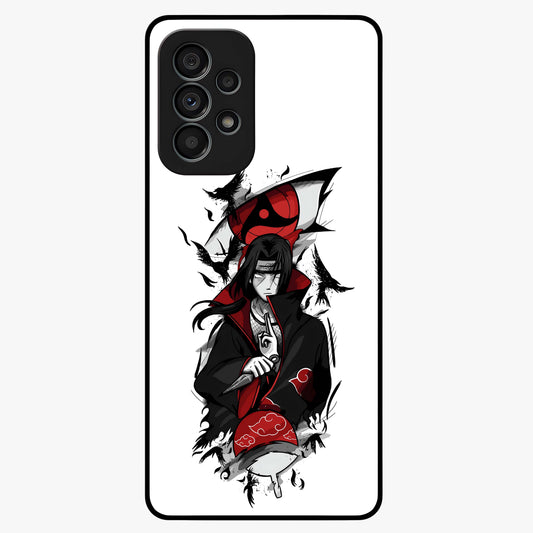 Itachi Sharingan Glass Case showing flat back view with powerful anime eye artwork and glossy glass finish.