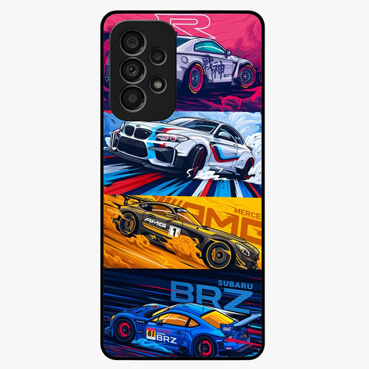 JDM Sports Car Glass Case showing flat back view with high performance sports car artwork and glossy glass finish.