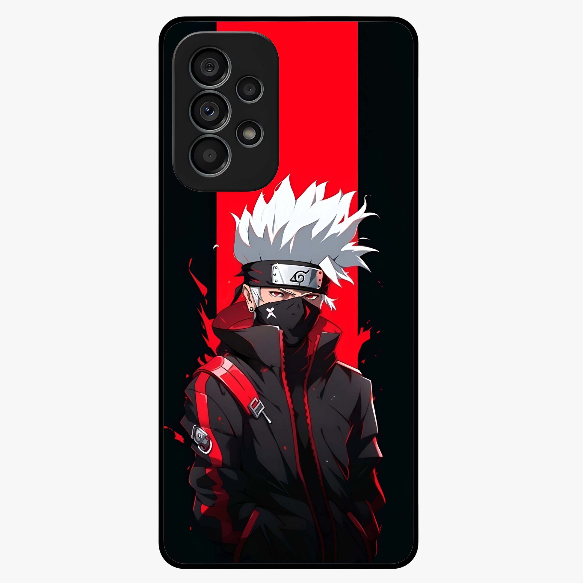Kakashi Scarlet Shadow Glass Case showing flat back view with powerful anime ninja artwork and glossy glass finish.