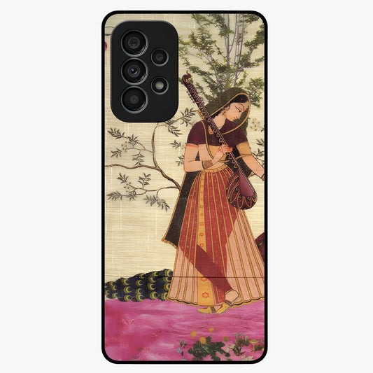 Lady With Veena Art Glass Case showing flat back view with elegant woman playing veena artwork and glossy glass finish.