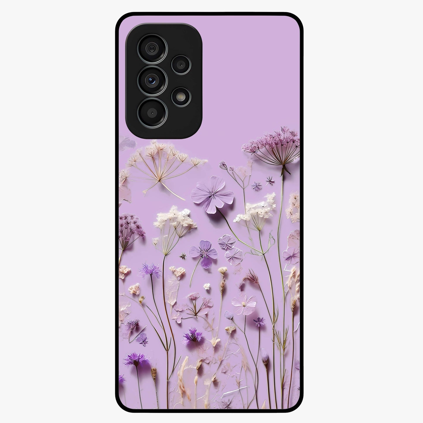 Lavender Blossom Dream Glass Case showing flat back view with soft lavender floral artwork and glossy glass finish.