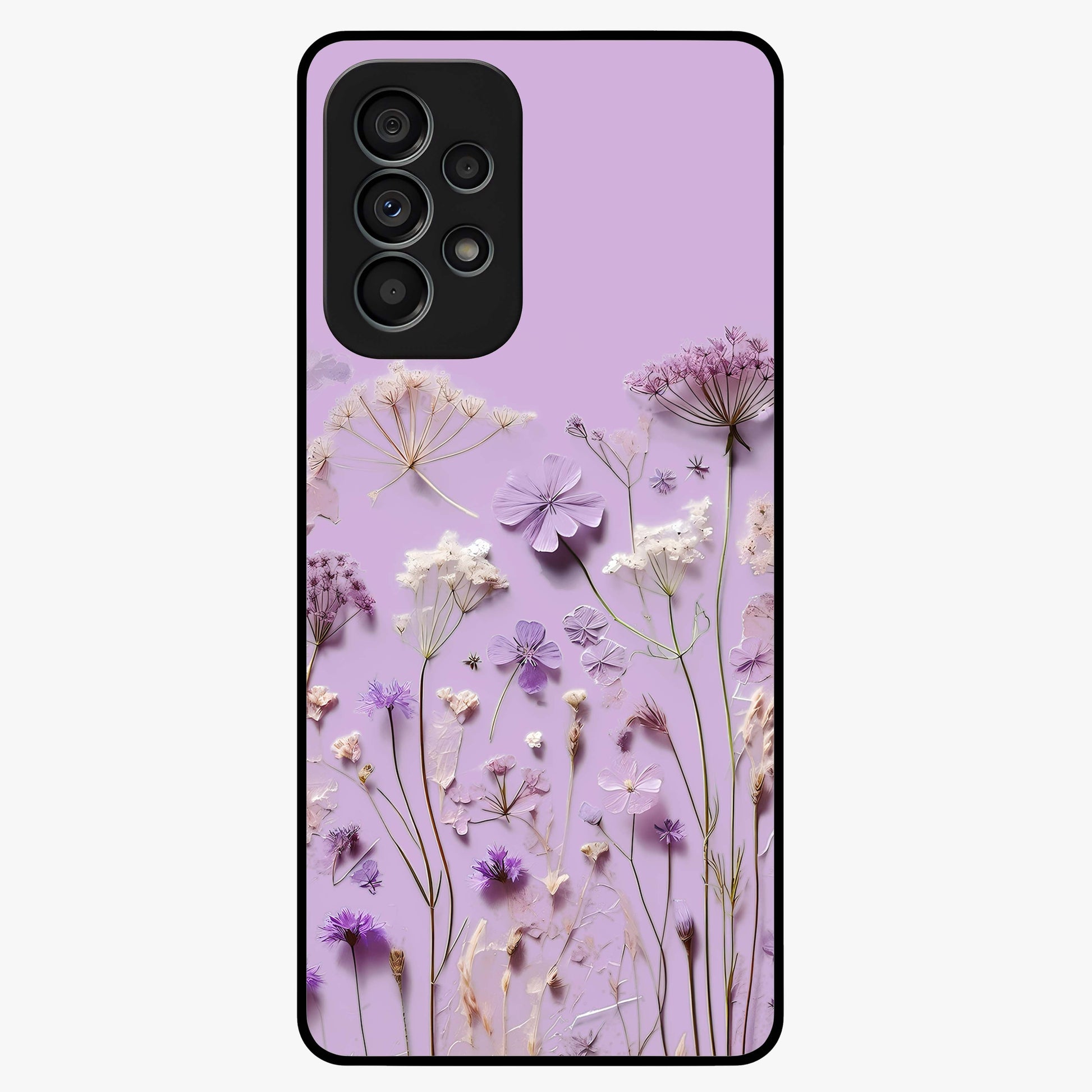 Lavender Blossom Dream Glass Case showing flat back view with soft lavender floral artwork and glossy glass finish.