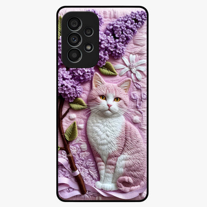 Lavender Cat Whimsy Glass Case showing flat back view with cute lavender cat artwork and glossy glass finish.