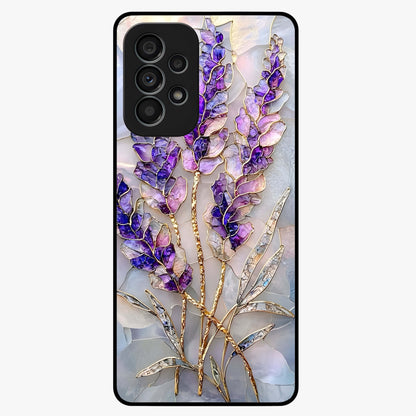 Lavender Dream Glow Glass Case showing flat back view with glowing lavender aesthetic artwork and glossy glass finish.