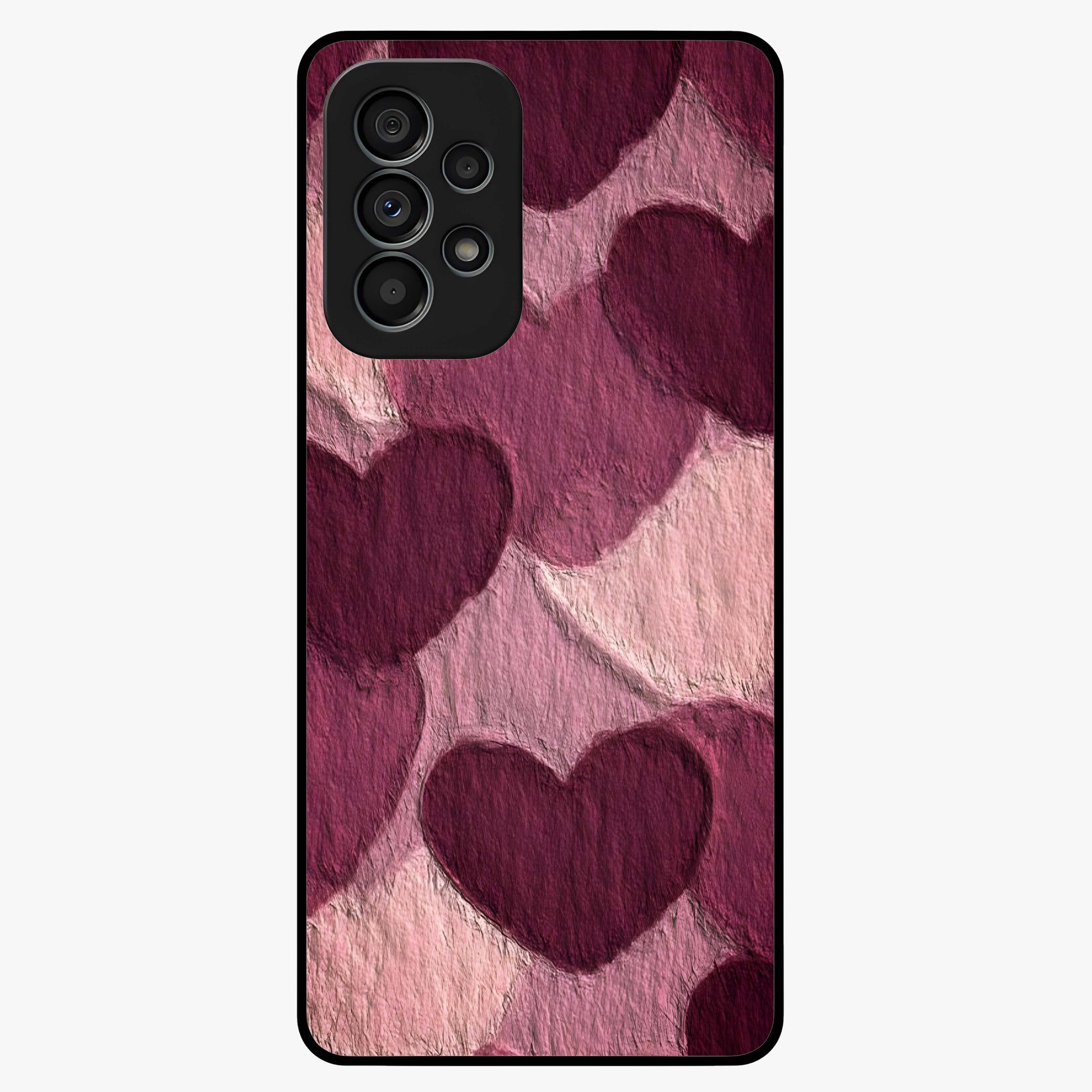 Layered Paper Hearts Glass Case showing flat back view with layered paper heart artwork and glossy glass finish.