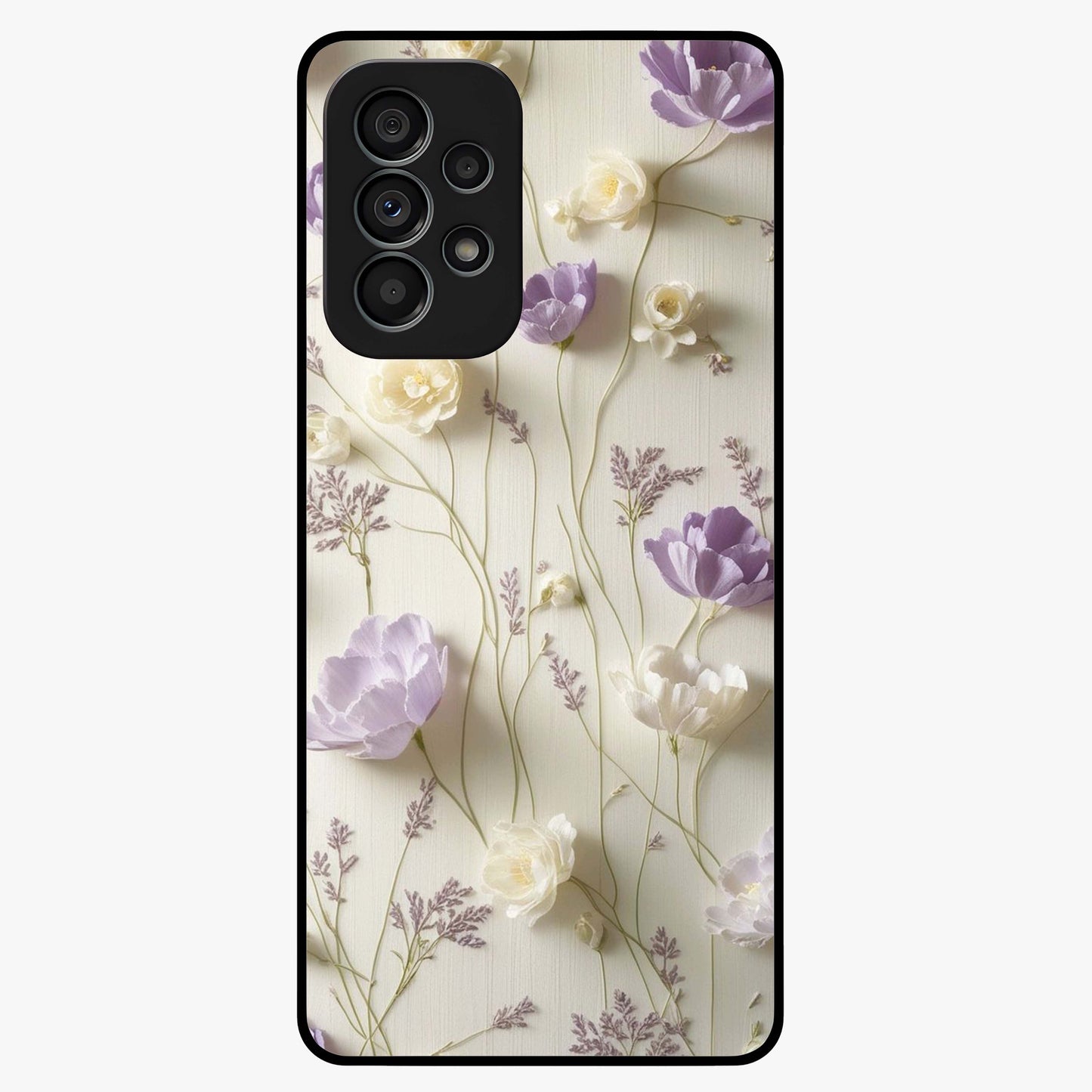 Lilac Breeze Harmony Glass Case showing flat back view with soft lilac themed artwork and glossy glass finish.