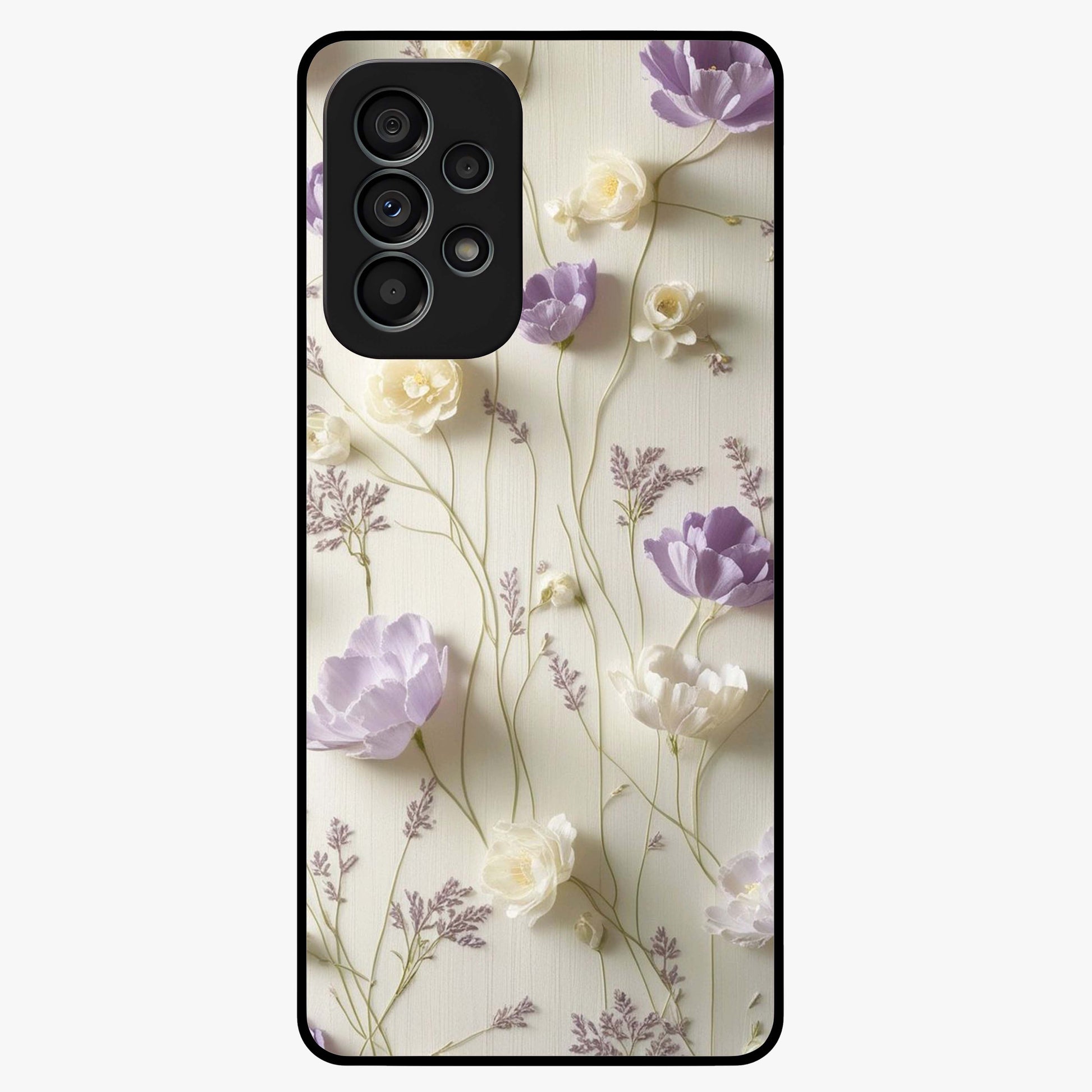 Lilac Breeze Harmony Glass Case showing flat back view with soft lilac themed artwork and glossy glass finish.