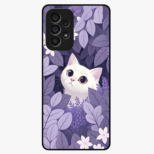 Lilac Hide Peek Cat Glass Case showing flat back view with cute peeking cat artwork and glossy glass finish.