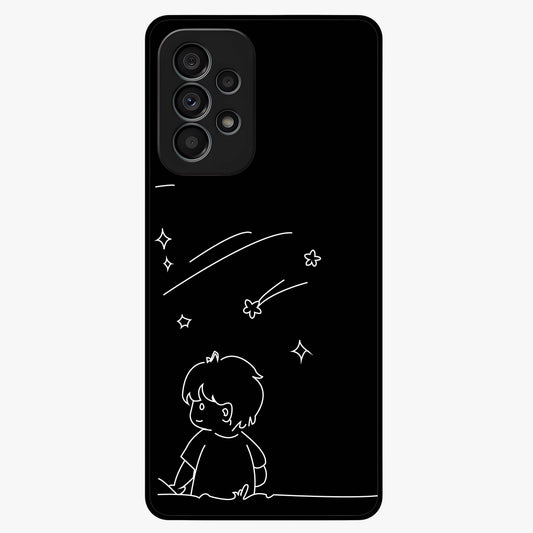 Line Art Boy With Shooting Stars Glass Case showing flat back view with minimal line art boy and shooting stars illustration and glossy glass finish.
