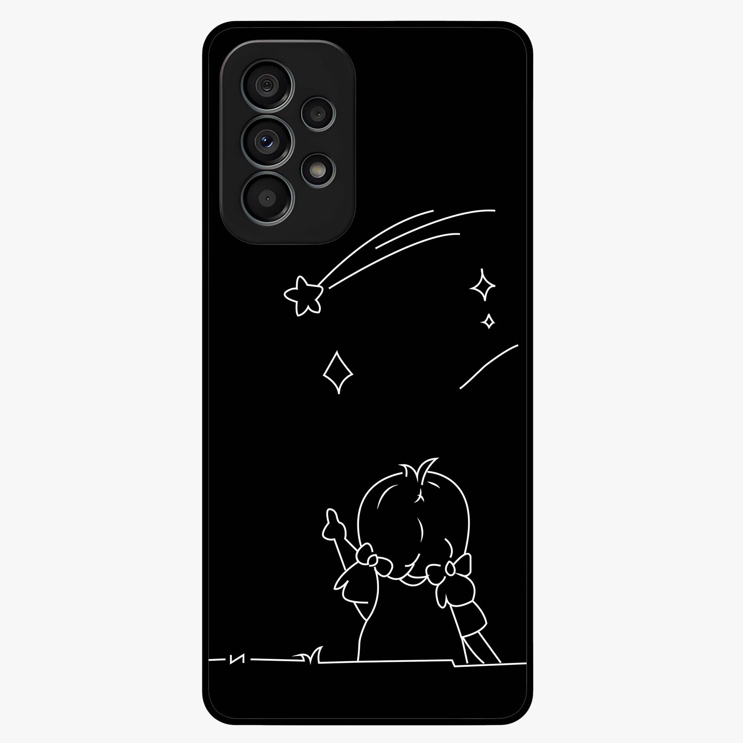 Line Art Girl With Shooting Stars Glass Case showing flat back view with minimal line art girl and shooting stars illustration and glossy glass finish.