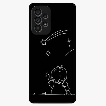 Line Art Girl With Shooting Stars Glass Case showing flat back view with minimal line art girl and shooting stars illustration and glossy glass finish.