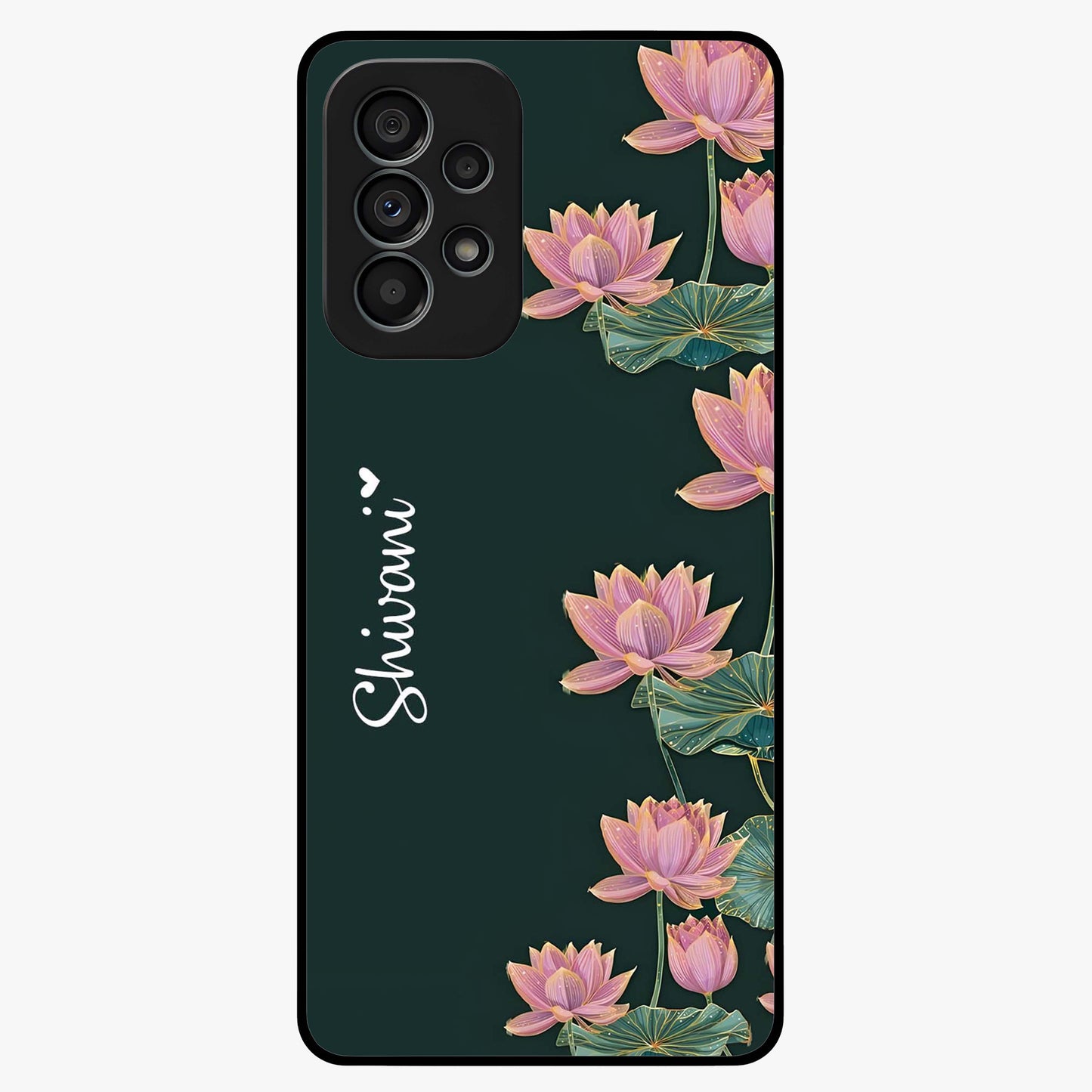 Lotus Bloom Serenity Custom Name Glass Case showing flat back view with elegant lotus flower artwork and personalized name design.