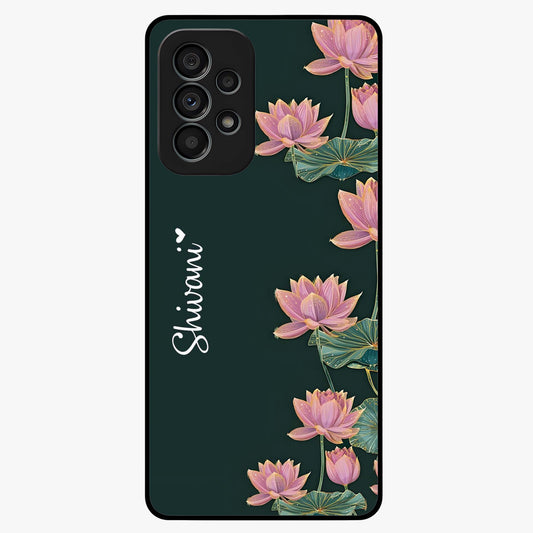 Lotus Bloom Serenity Custom Name Glass Case showing flat back view with elegant lotus flower artwork and personalized name design.