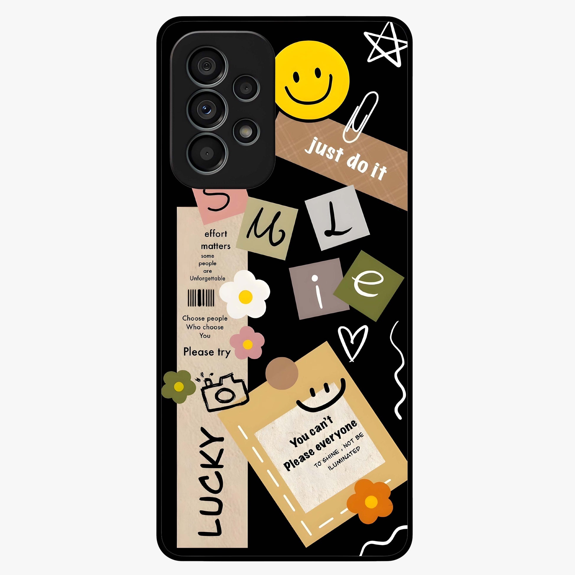 Lucky Aesthetic Collage Glass Case showing flat back view with trendy aesthetic collage artwork and glossy glass finish.