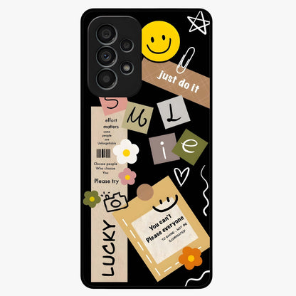 Lucky Aesthetic Collage Glass Case showing flat back view with trendy aesthetic collage artwork and glossy glass finish.