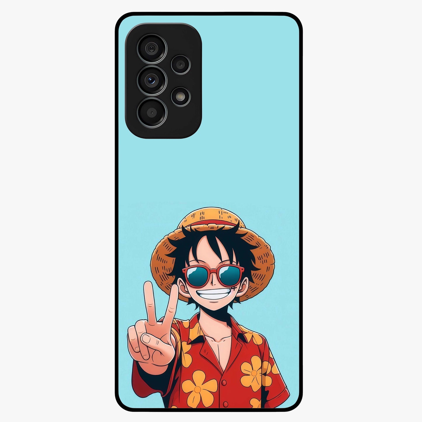 Luffy Summer Anime Vibe Glass Case showing flat back view with vibrant anime character artwork and glossy glass finish.