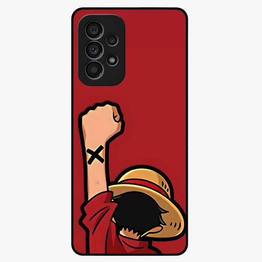 Luffy X Spirit Glass Case showing flat back view with bold anime character artwork and glossy glass finish.