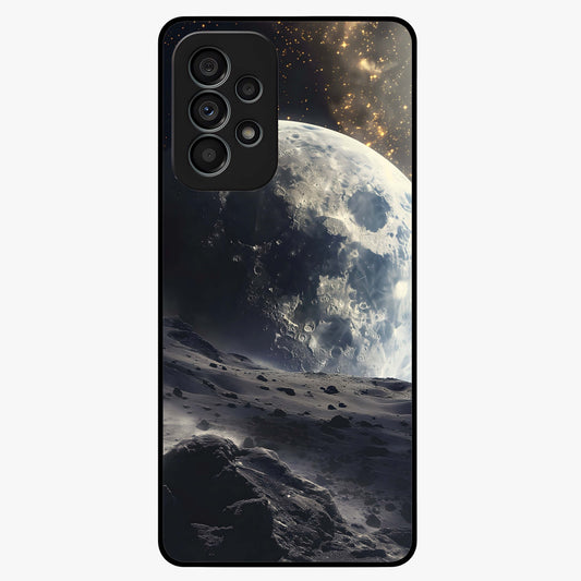 Lunar Horizon Glow Glass Case showing flat back view with glowing moon horizon artwork and glossy glass finish.