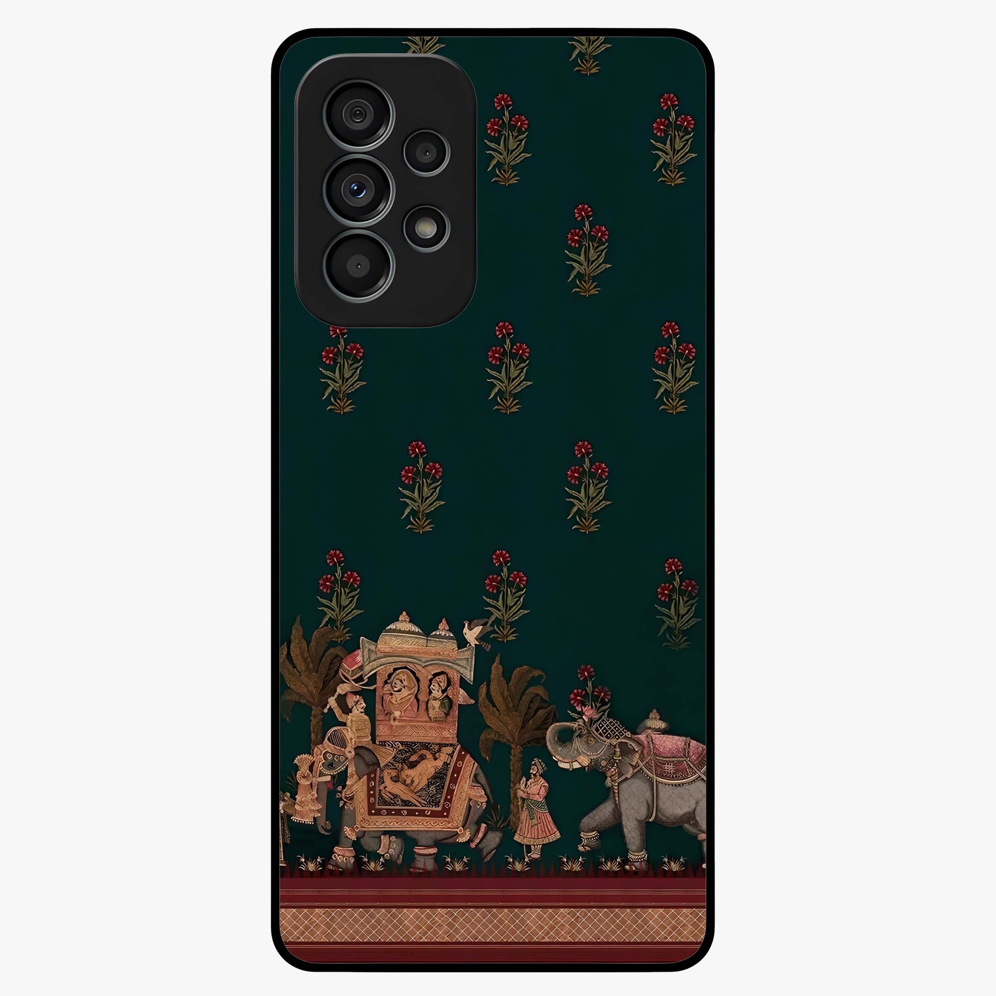 Macmerise Glass Case showing flat back view with stylish modern artwork and glossy glass finish.