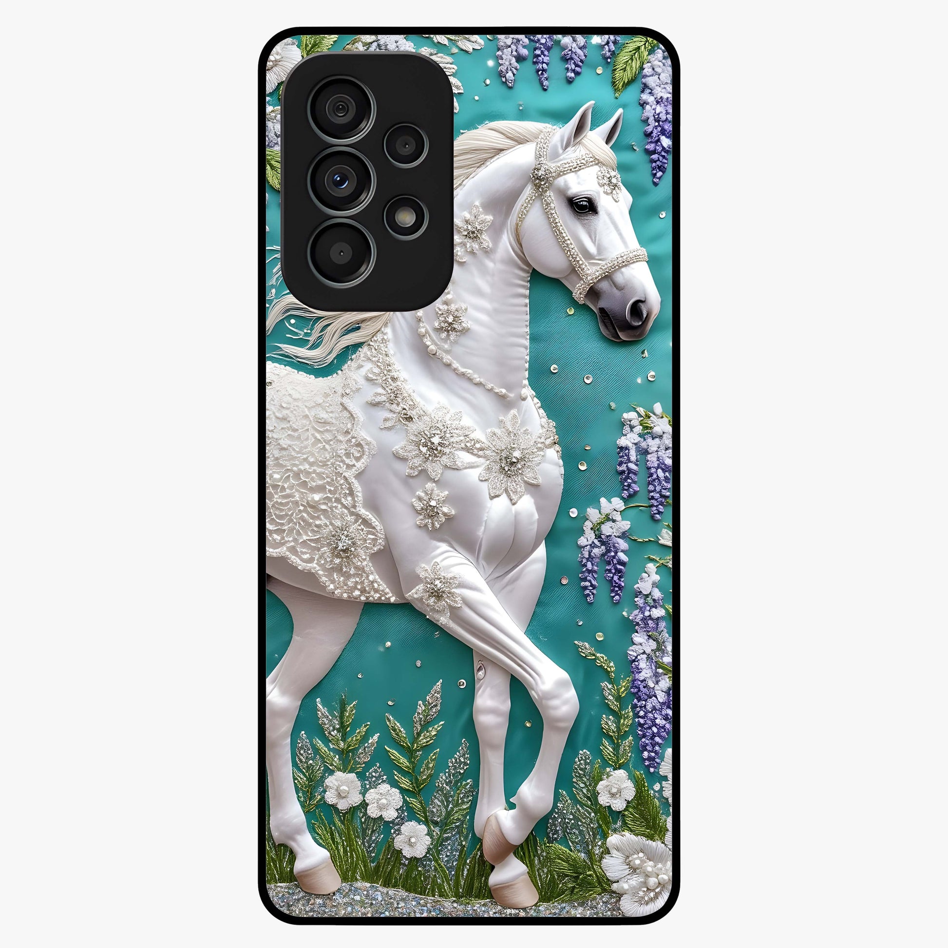 Majestic Floral Stallion Glass Case showing flat back view with powerful horse and floral artwork and glossy glass finish.
