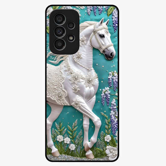 Majestic Floral Stallion Glass Case showing flat back view with powerful horse and floral artwork and glossy glass finish.
