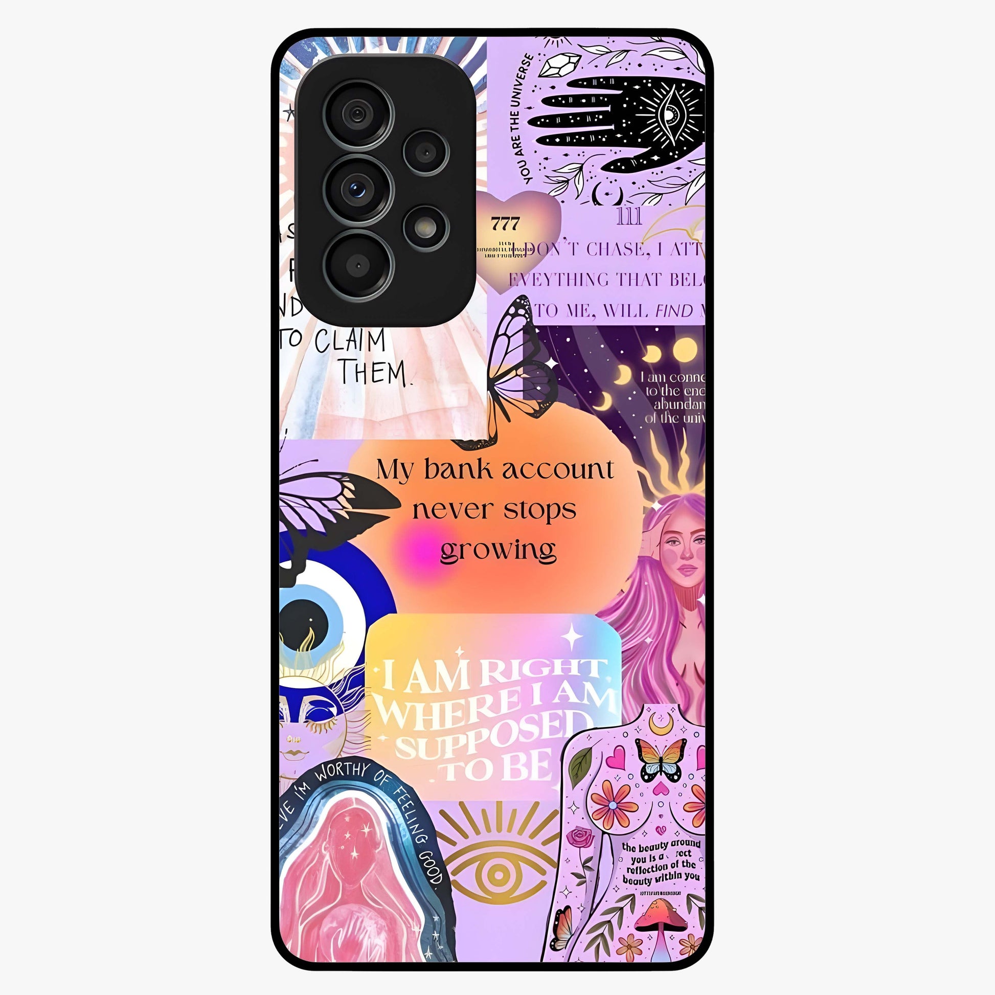 Manifestation Collage Glass Case showing flat back view with motivational collage artwork and glossy glass finish.
