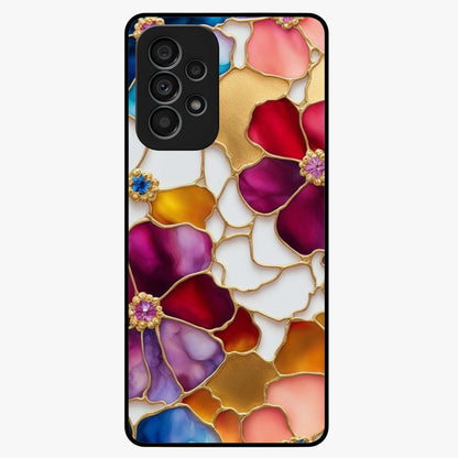 Marble Flower Pattern Glass Case showing flat back view with marble texture floral artwork and glossy glass finish.