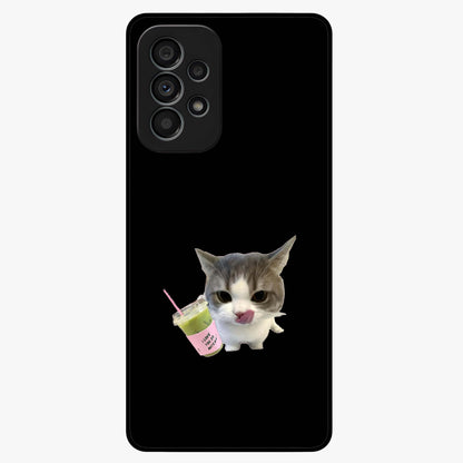 Matcha Cat Style Glass Case showing flat back view with cute matcha themed cat artwork and glossy glass finish.