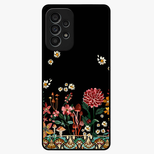 Midnight Bloom Pattern Glass Case showing flat back view with dark floral pattern artwork and glossy glass finish.